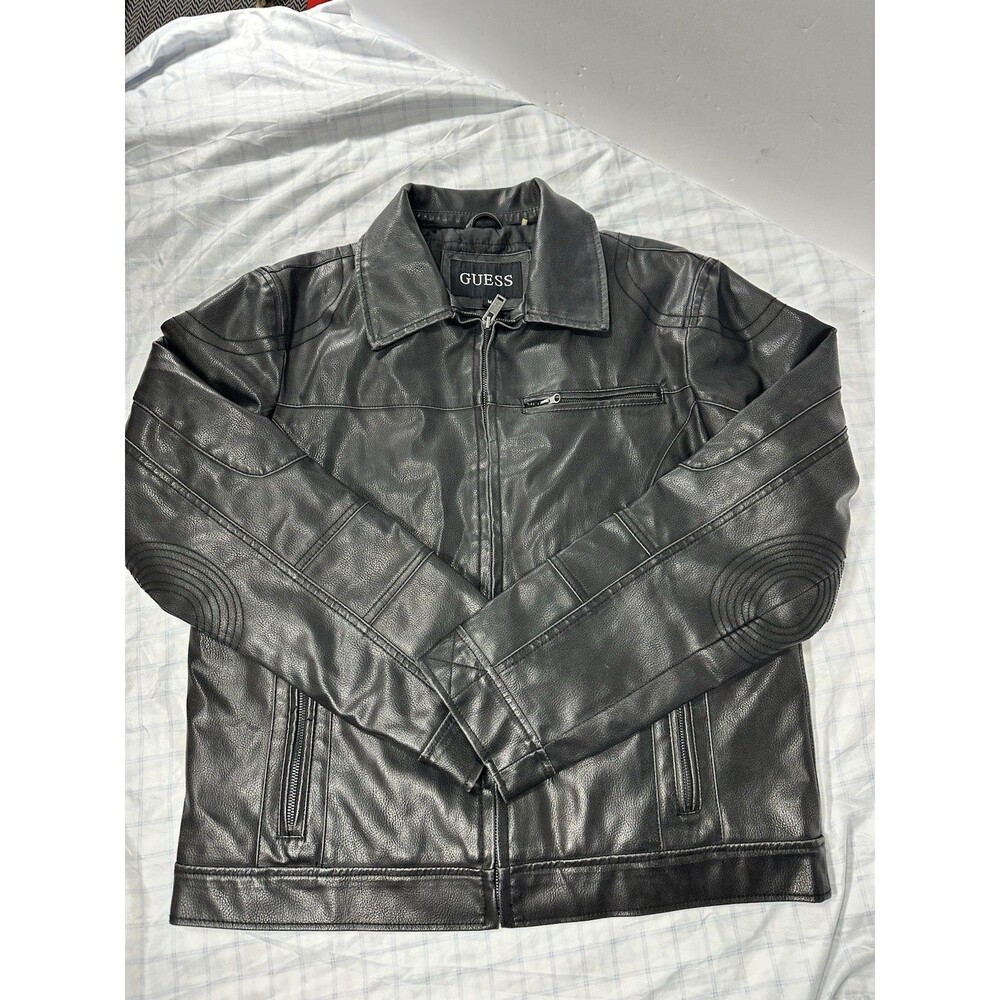 GUESS Men's Faux Leather Moto Biker Jacket Black Size Medium M Quilted Lining